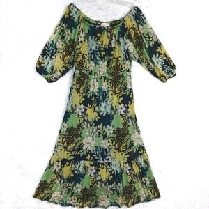 Harlow & Rose Womens Dress Midi Off Shoulder Black‎ Floral Leopard Print Boho M